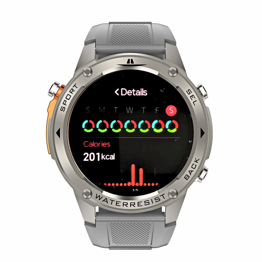 Silver smartwatch with digital display on a white background
