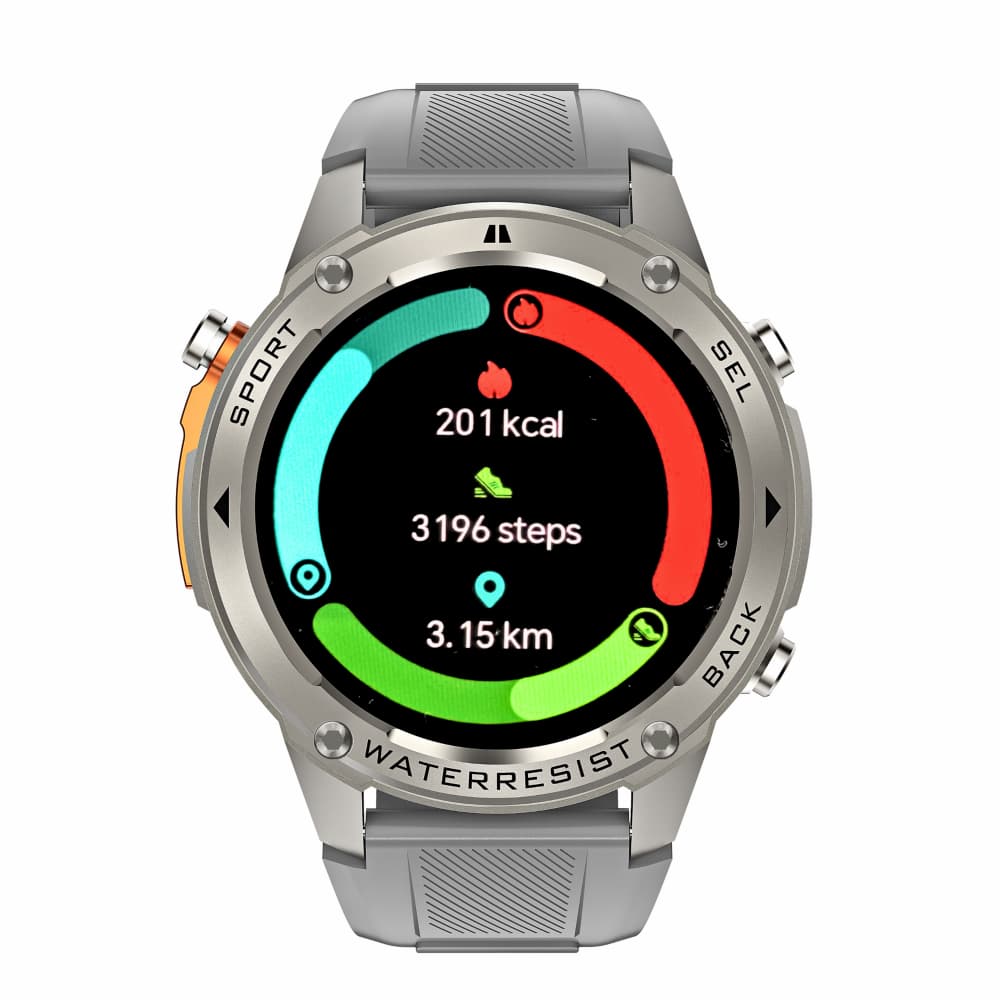 Silver smartwatch with a colorful display on a white background