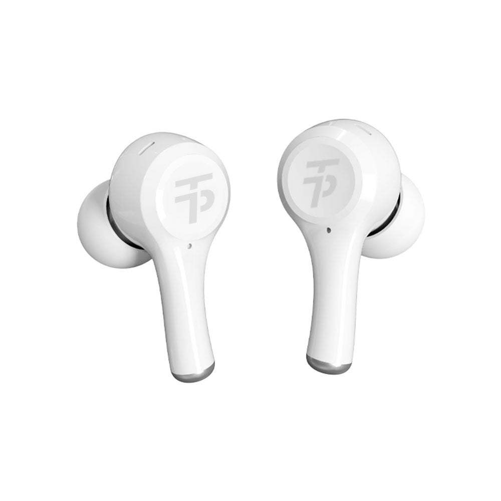 white wireless earbuds