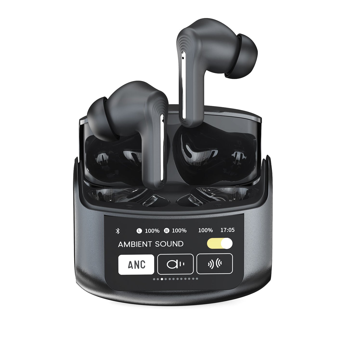 anc black  earbuds with with LED charging case