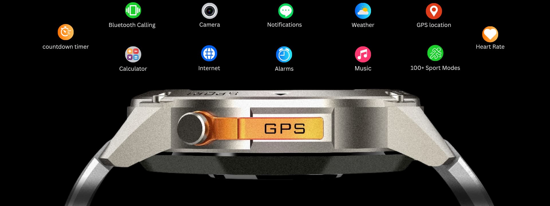 Smartwatch with app icons displayed on a black background
