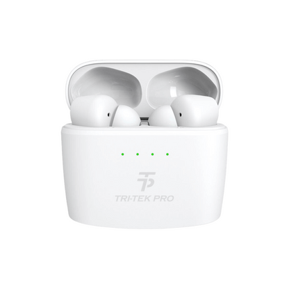 tri tek pro white earbuds in chraging case 