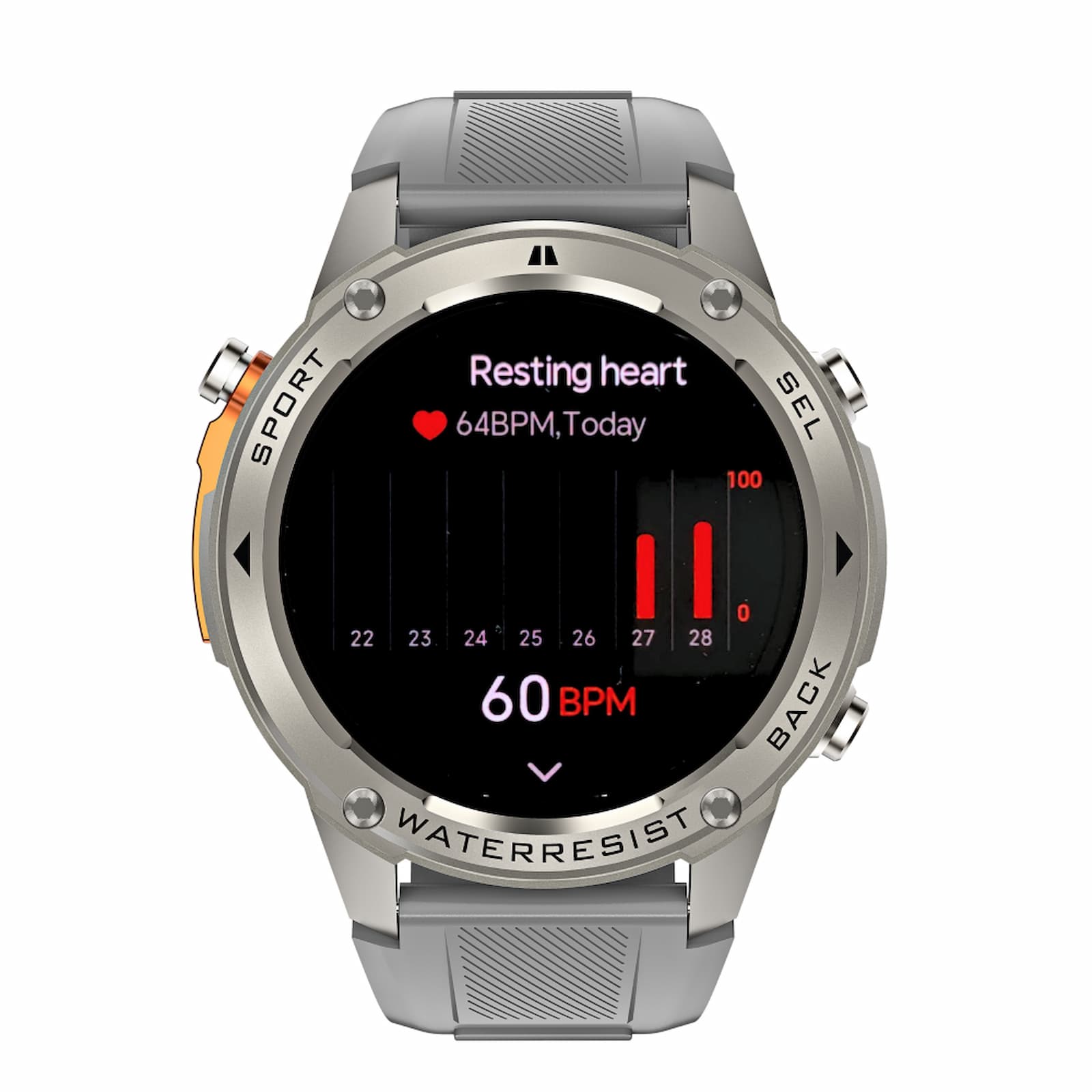 Smartwatch displaying heart rate information on a white background