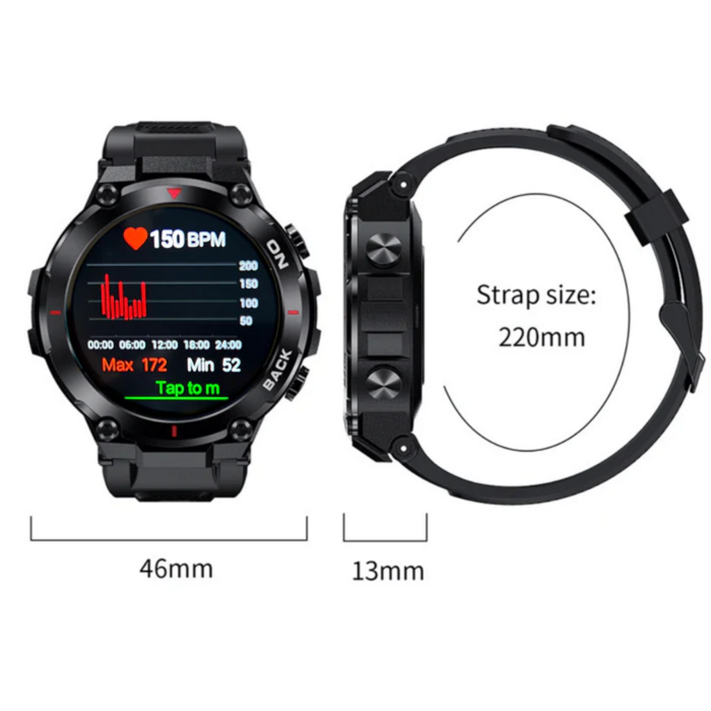 black GPS smartwatch displaying heart rate monitor screen