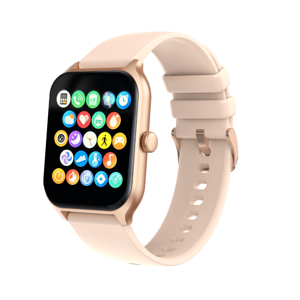 rose gold pulse smart watch showing menu screen with call heart rate step count