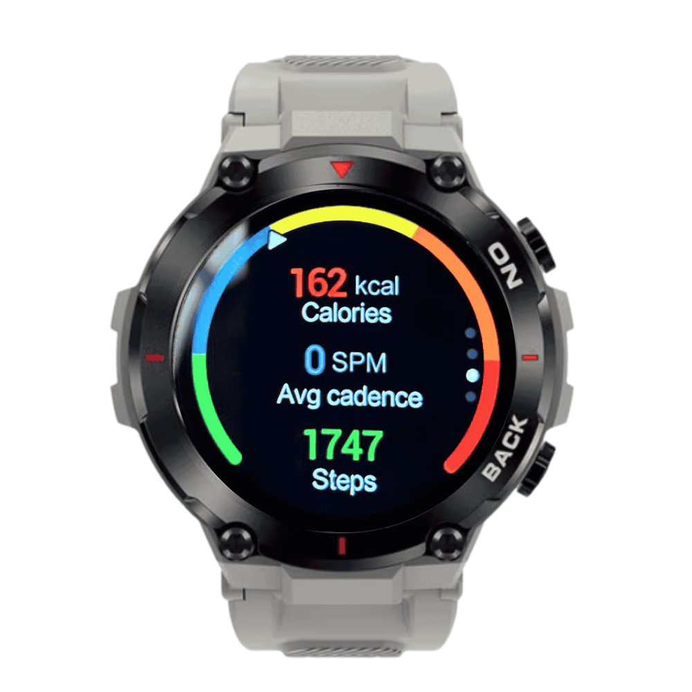 Smartwatch displaying fitness metrics on a white background