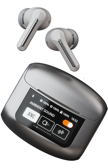 silver ABC earbuds with LCD screen