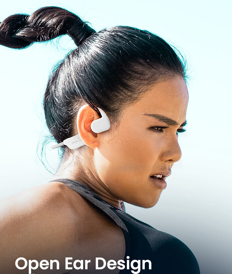lady wearing open ear air conduction headphones