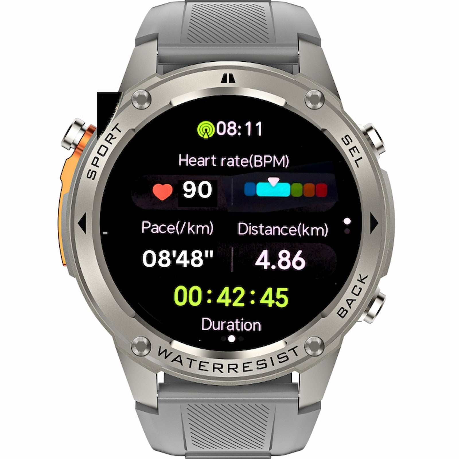 Silver smartwatch displaying fitness metrics on a white background