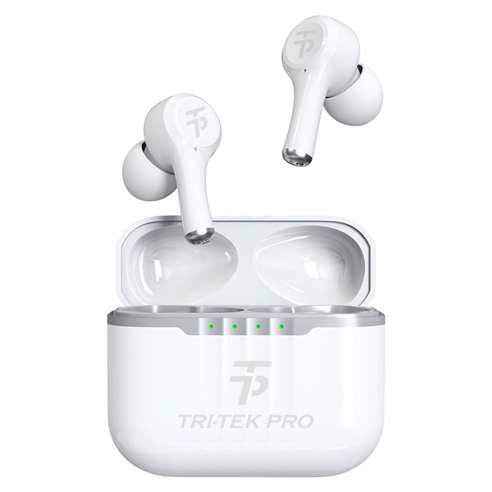 tri-tek-pro noise cancelling earbuds in white