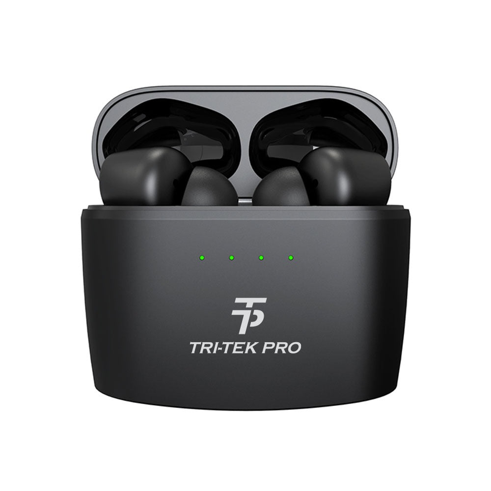 black TTP earbuds in charging case