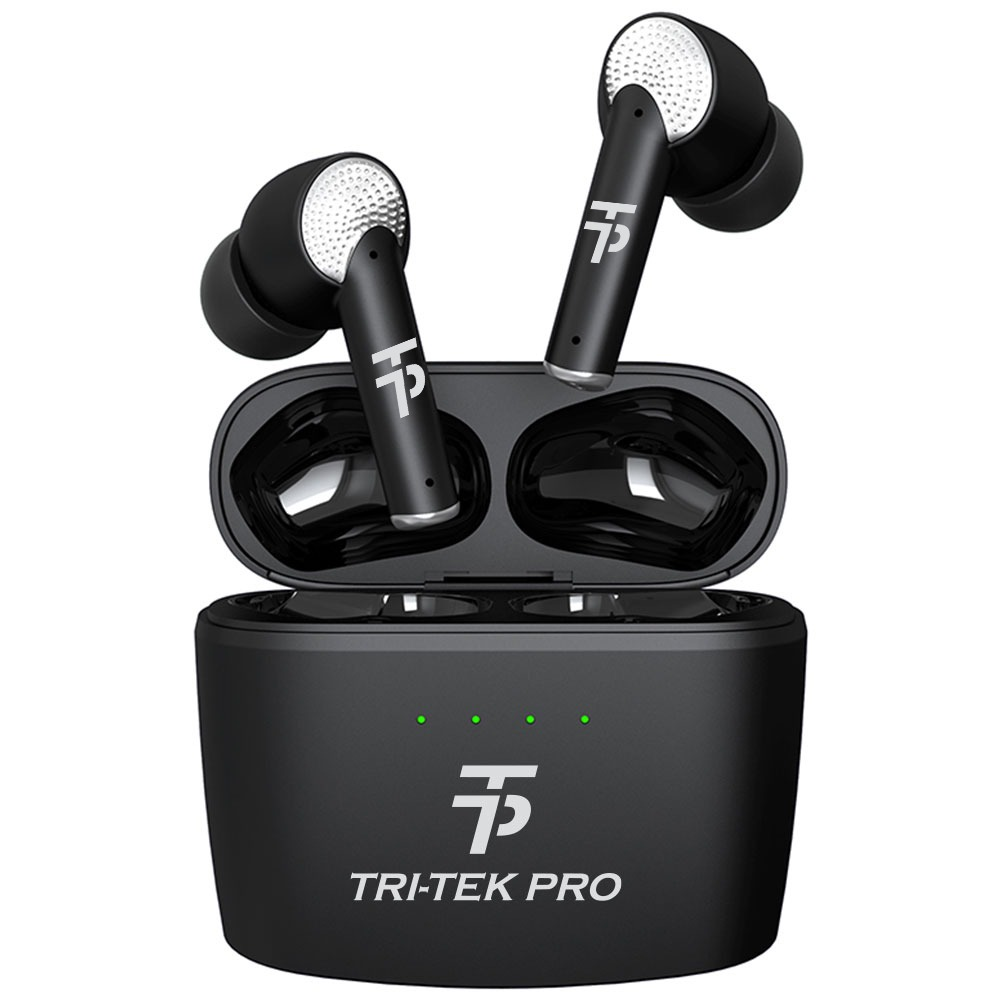 A pair of white Bluetooth earbuds with a charging case, displaying the brand logo 'TRI-TEK PRO' on the front.